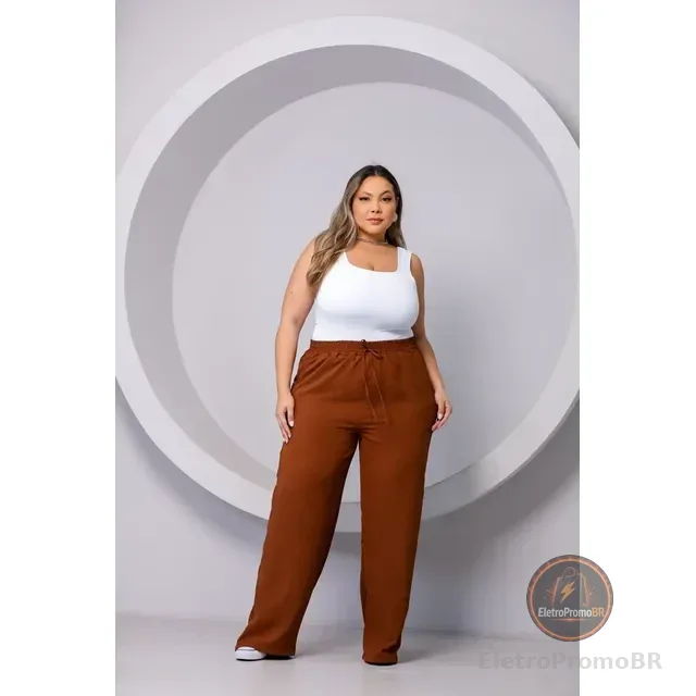 Calça Pantalona Plus Size Duna Com Elastico Na Cintura