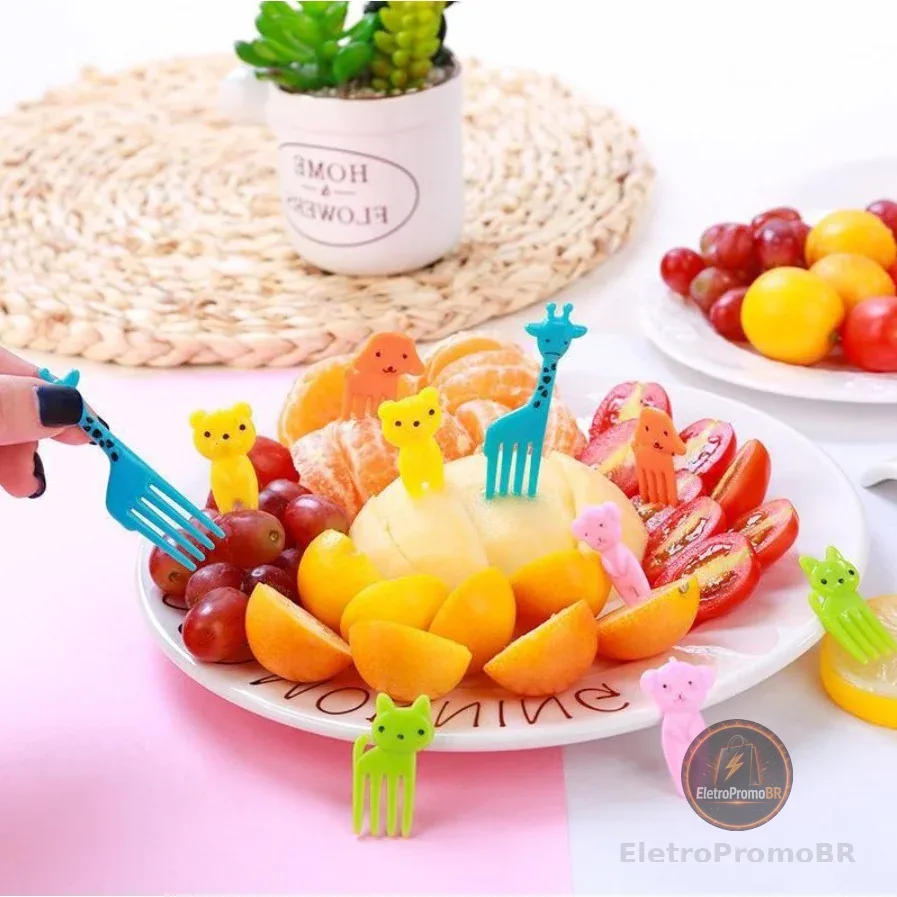 Kit 10 peças Mini Garfo Para Petisco Infantil de Fruta de Desenho Animado