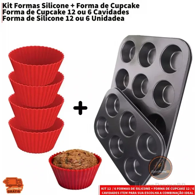 Kit 12 ou 6 Forminhas de Silicone Não Gruda + Forma de Cupcake 12 ou 6 Cavidades Antiaderente Empada