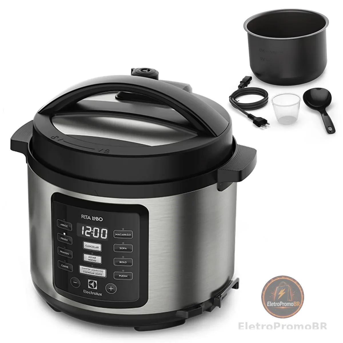 Panela pressão elétrica Electrolux digital capacidade 5L silenciosa segura 10 travas segurança 9 receitas pré-programadas PCC15 inox preto 127v por Rita Lobo