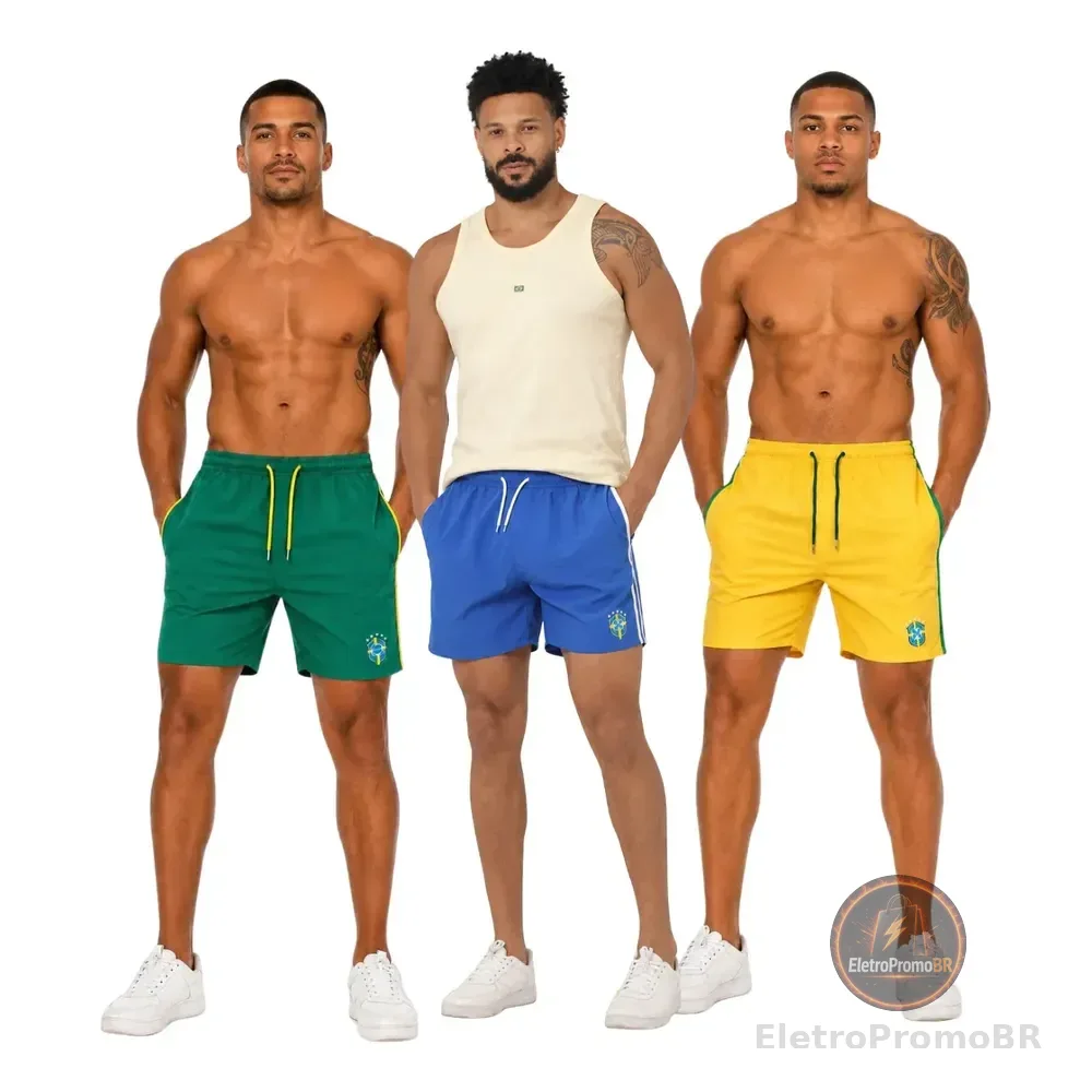 Kit 3 Bermudas Masculinas Dry Conforto Treino Academia Bolso Azul Amarela Verde G