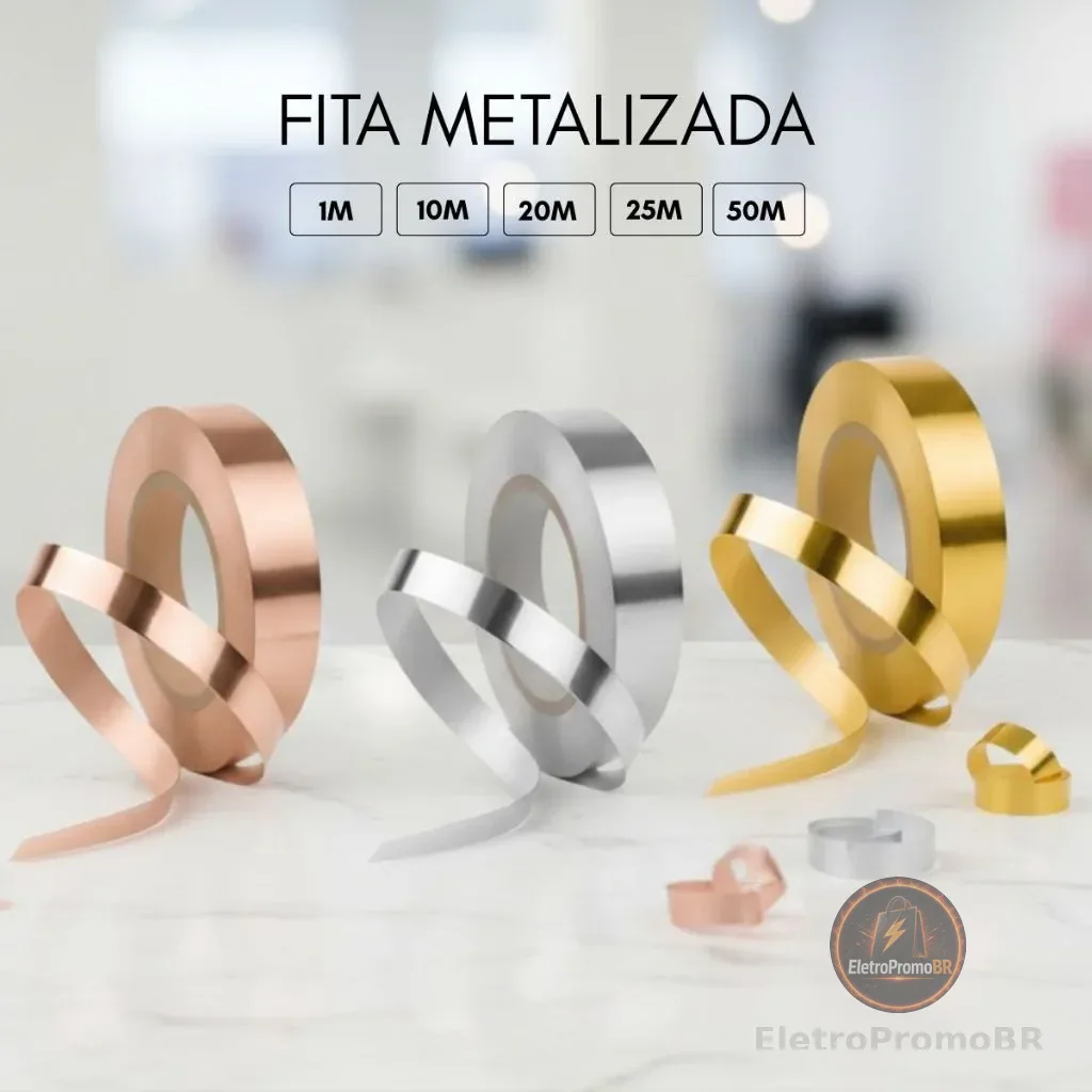 Fita Adesiva Resistente 1M 10M 20M 25M 50M Metalizado Cor Dourada Rose Prata Largura 1CM Decorativa