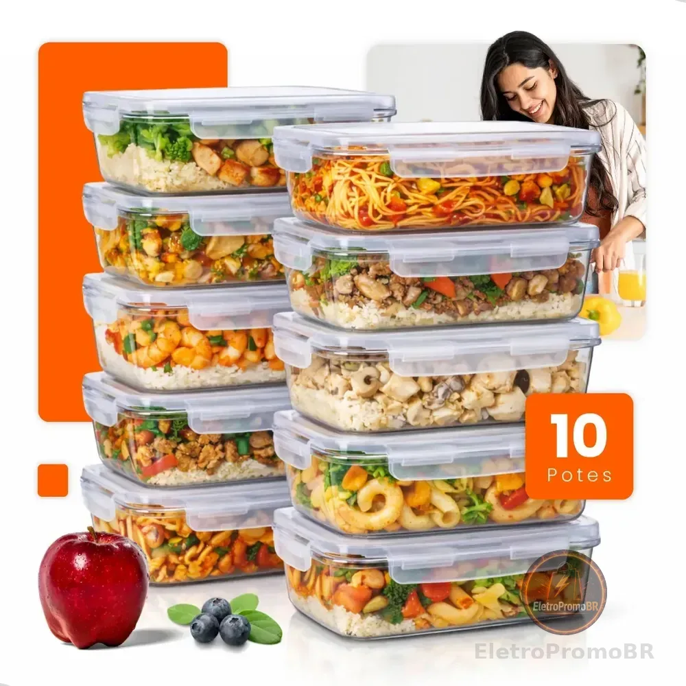 Kit 10 Potes De Vidro Hermético 640ml Marmita Fitness 4 Travas Não Vaza Freezer Micro-ondas Forno Bpa Free Hold On