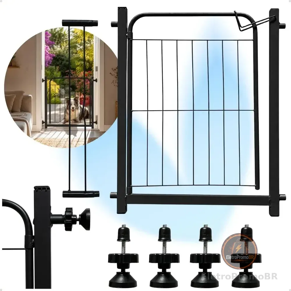 Portão Segurança Preto Pet Cachorro Crianca Ajustavel De 68 A 83cm Sem Furo Grade Aramado 69cm De Altura Açomix