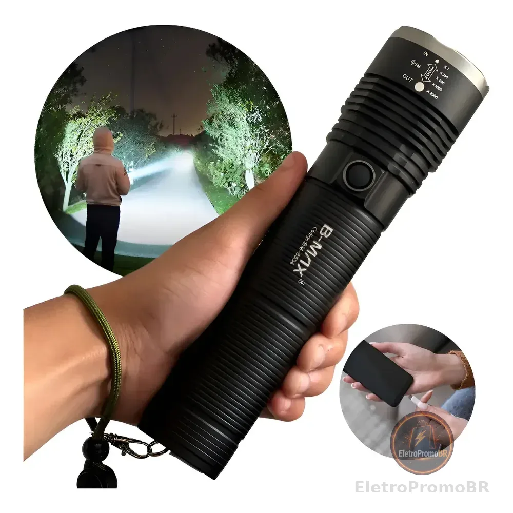 Lanterna Led Tática Mais Forte Do Mundo 2km Militar Potente Branca Preto
