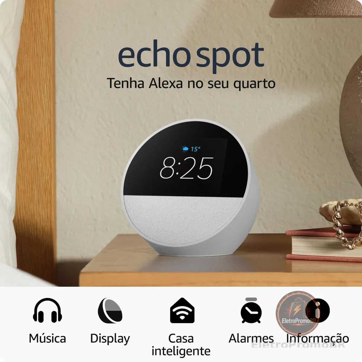 Echo Spot com Alexa (Geração mais recente) | Despertador inteligente com som vibrante | Cor Branca, com Acesso Antecipado à Alexa+