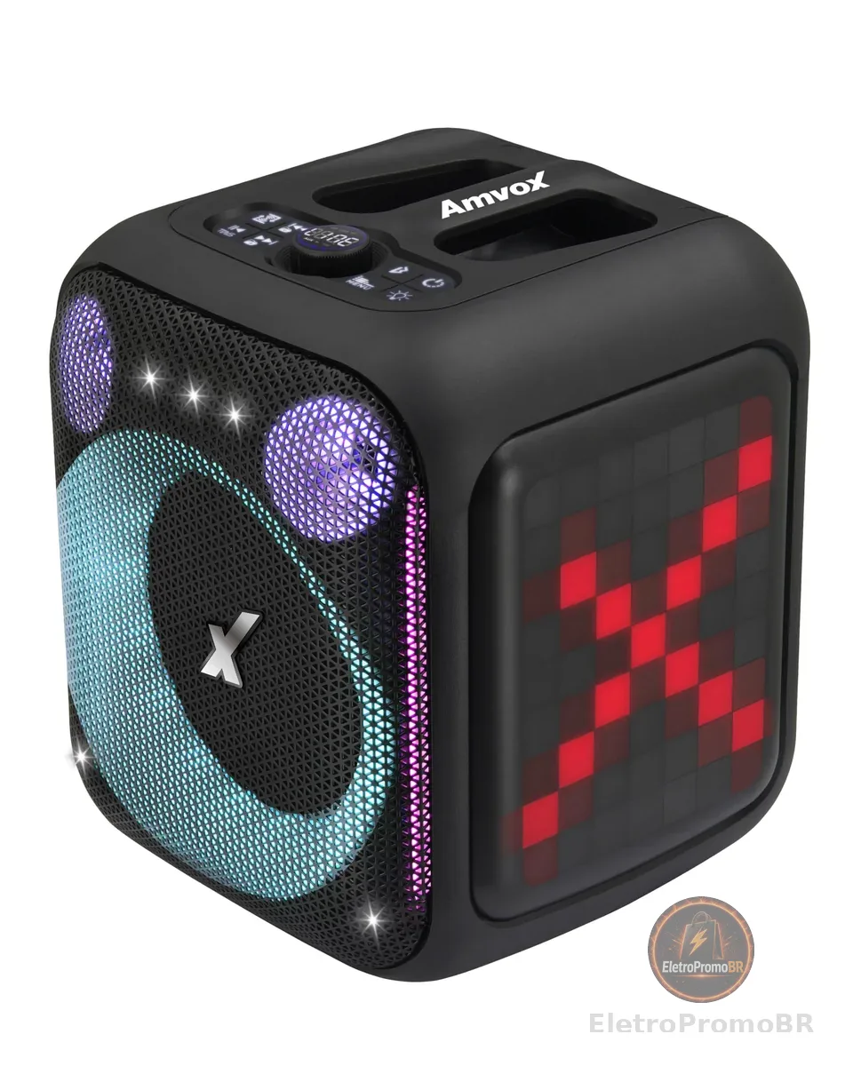 Amvox Caixa de Som Amplificada ACA 410 NEON – 410W RMS, Woofer de 6”, Bluetooth, Iluminação LED, Equalizador, Entrada USB/TF, Bateria de até 4h