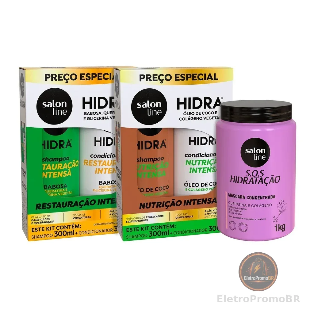 Kit com 2 Shampoos + 2 Condicionadores da linha Hidra + Máscara SOS Hidratação Bio-Reconstrução Salon Line