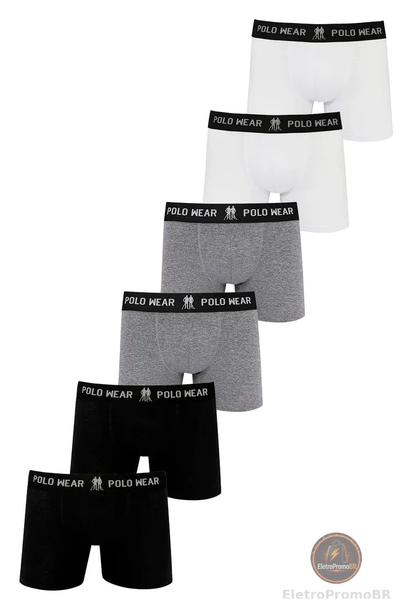 Kit 6 Cuecas Masculinas Boxer Algodão Sem Costura Lateral Polo Wear
