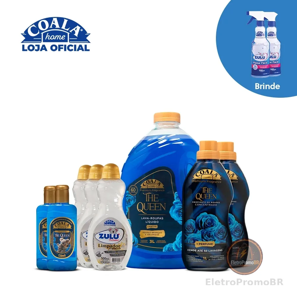 Kit Coala Mega Limpeza Perfumada The Queen - 8 itens + Brinde 2 Passa Fácil Zulu Perfumes