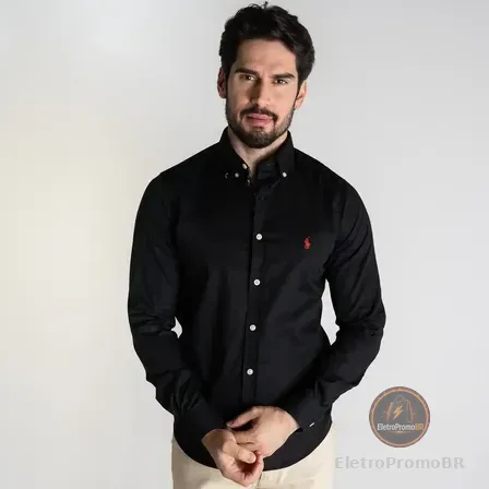 Camisa Ralph Lauren Slim Masculina Manga Longa Preta