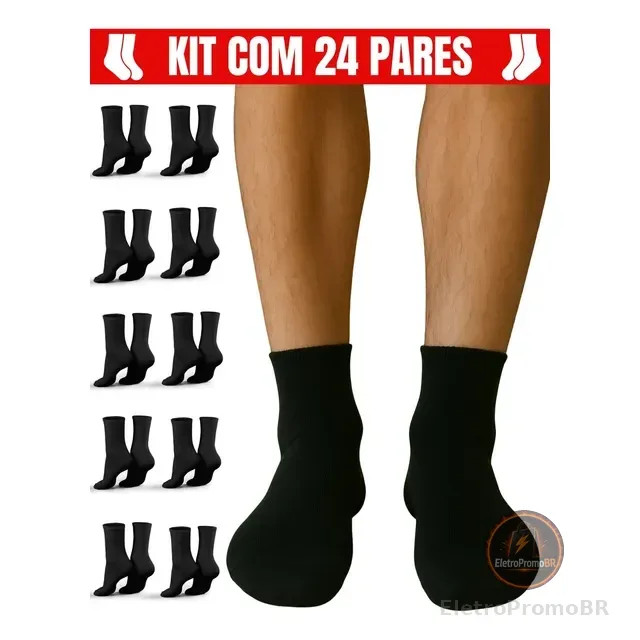 Kit 24 Pares Meias Masculina Cano Alto Algodão Longo Médio