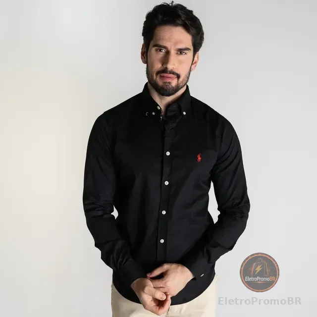 Camisa Ralph Lauren Slim Masculina Manga Longa Preta