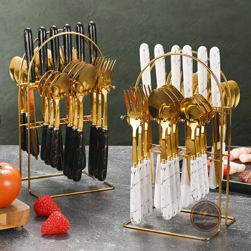 Kit 24 peças Talheres Colher Garfo Faca Luxo Linha Ouro (Sem Suporte)