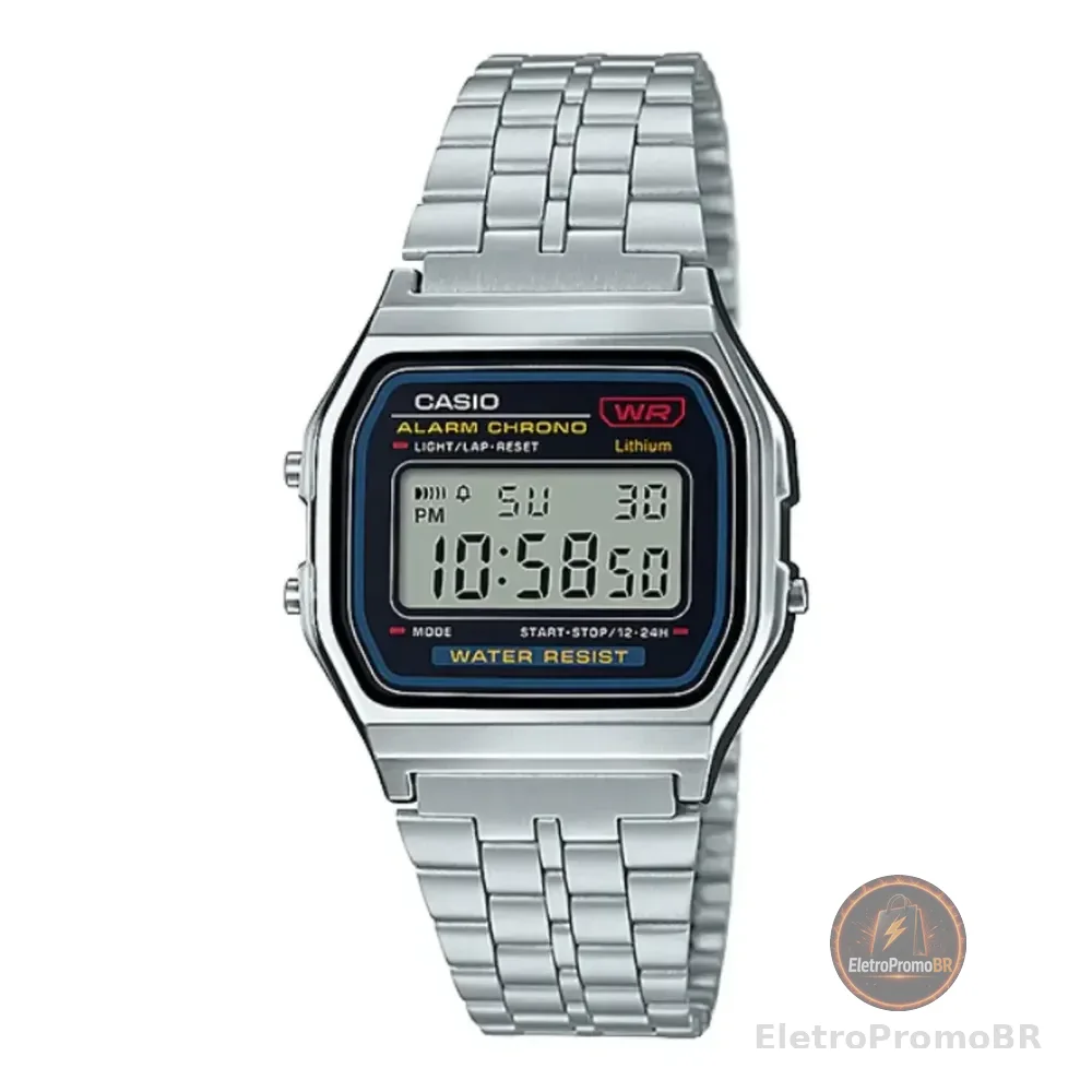 Relógio De Pulso Casio Vintage A159 Com Corpo Prateado, Digital, Para Sem Gênero, Fundo Preto, Com Correia De Aço Inoxidável Cor Prateado, Subdials De Cor Preto, Ponteiro De Minutos/segundos Preto,...