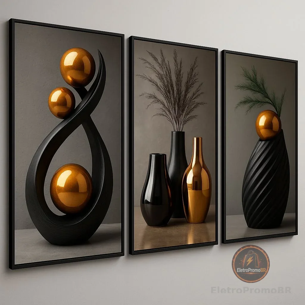 Quadro Decorativo 3 Peças Sala Decorativo Geométrico Abstrato Trio Nordic Hall