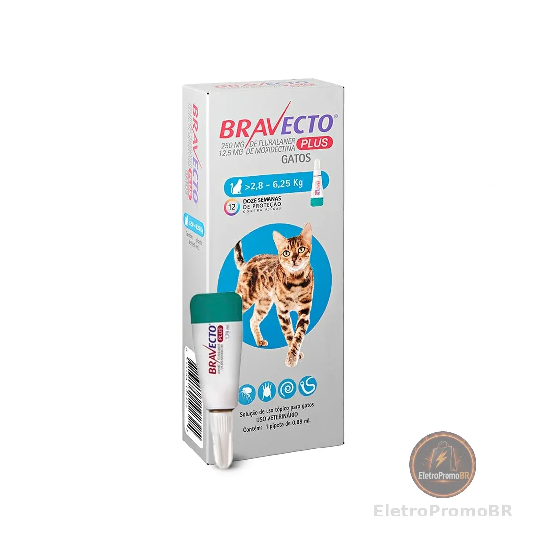 Bravecto® Plus Gatos Transdermal 250mg - Antipulgas, Sarna de ouvido, Vermes intestinais - Gatos de 2,8 a 6,25kg - 1 Pipeta 0,89ml - MSD Saúde Animal | Antipulgas, Sarna de ouvido, Vermes intestinais, MSD Saúde Animal