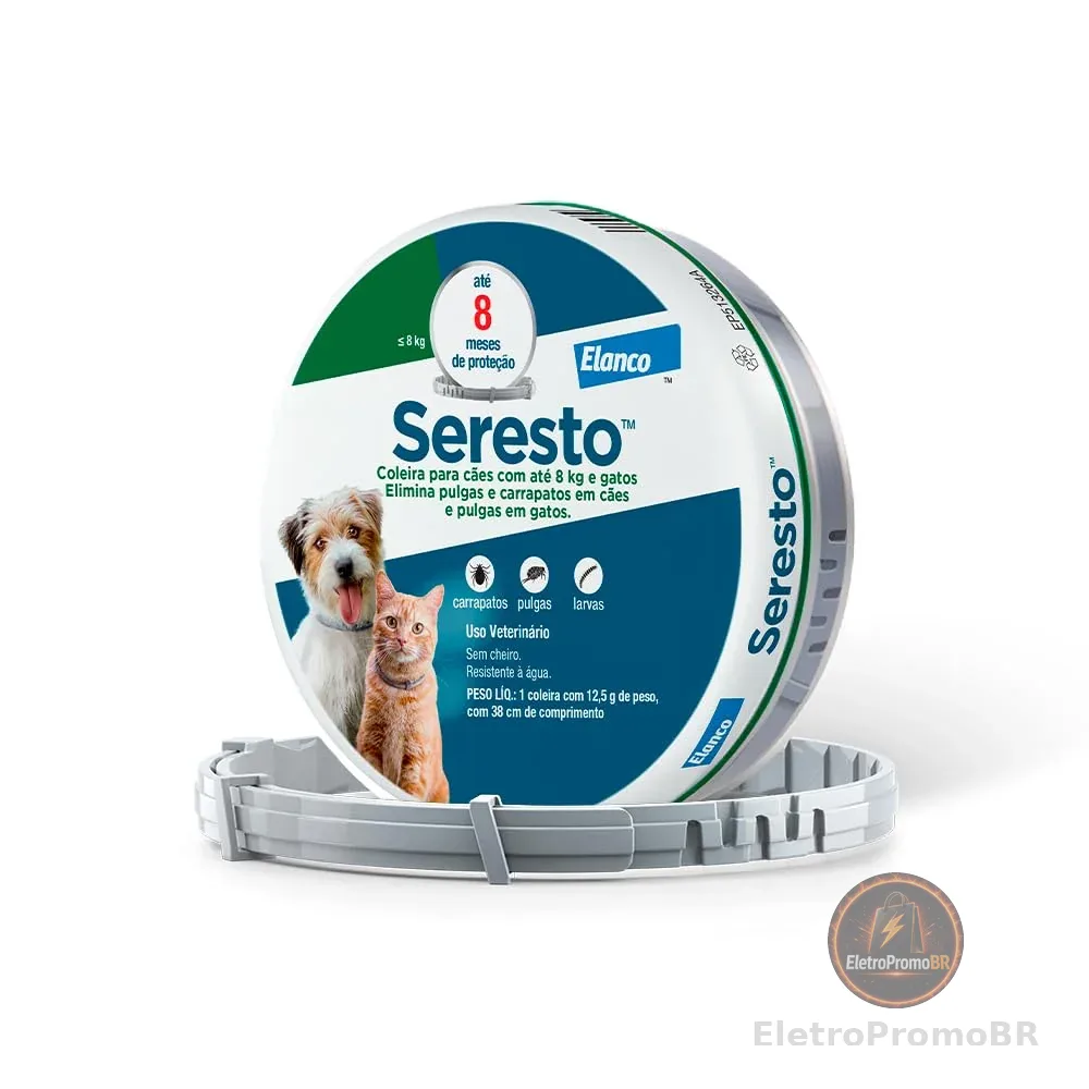 Coleira Seresto® anti-carrapatos e pulgas para cães e gatos de até 8kg