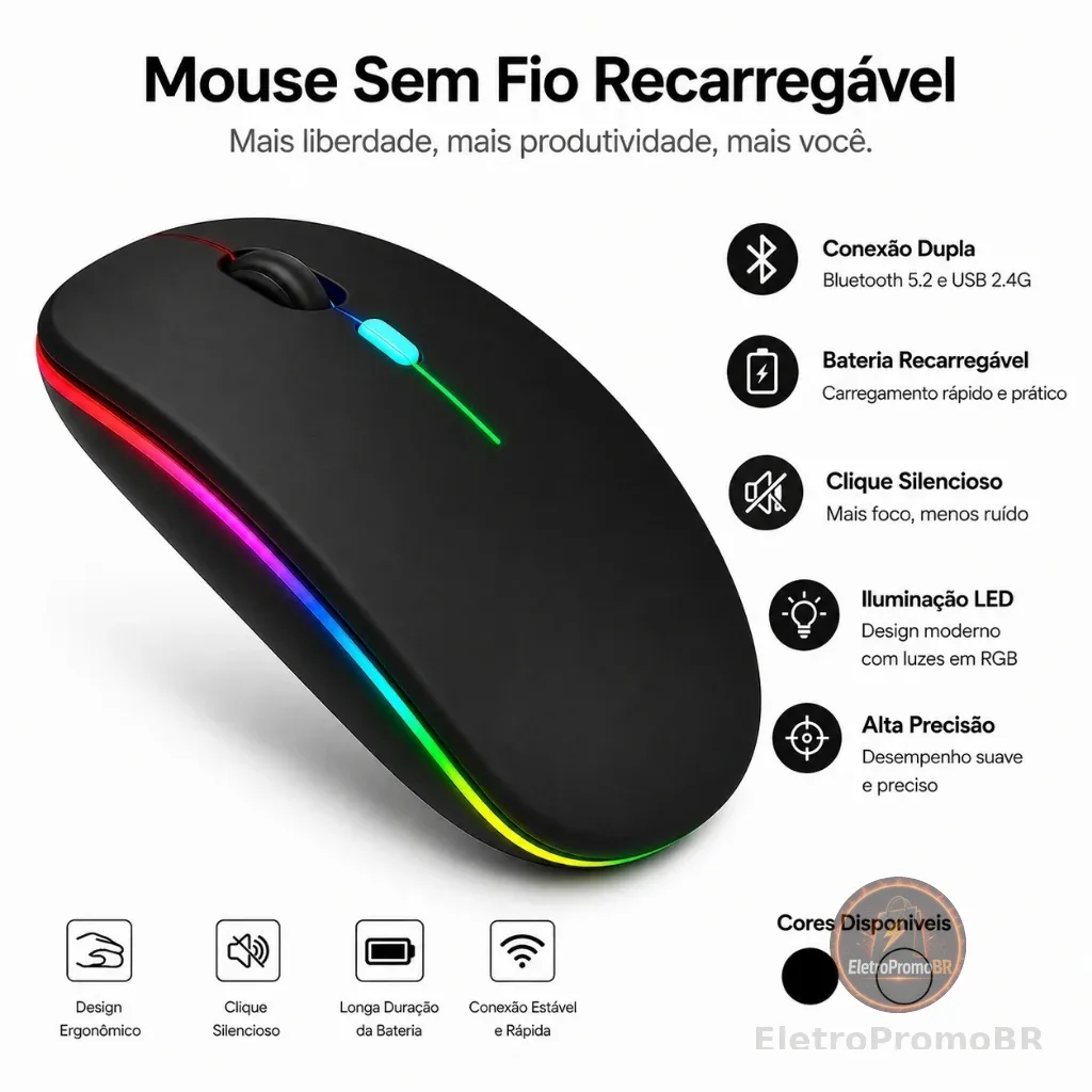 Mouse Sem Fio Recarregável com LED RGB: Conforto e Eficiência para seu Home Office