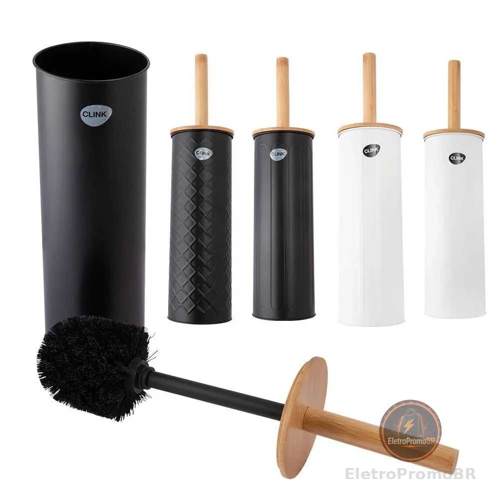 OFERTA Escova Vaso Sanitário Tampa E Cabo Bambu Ou Inox Com Suporte Preto Ou Branco Banheiro