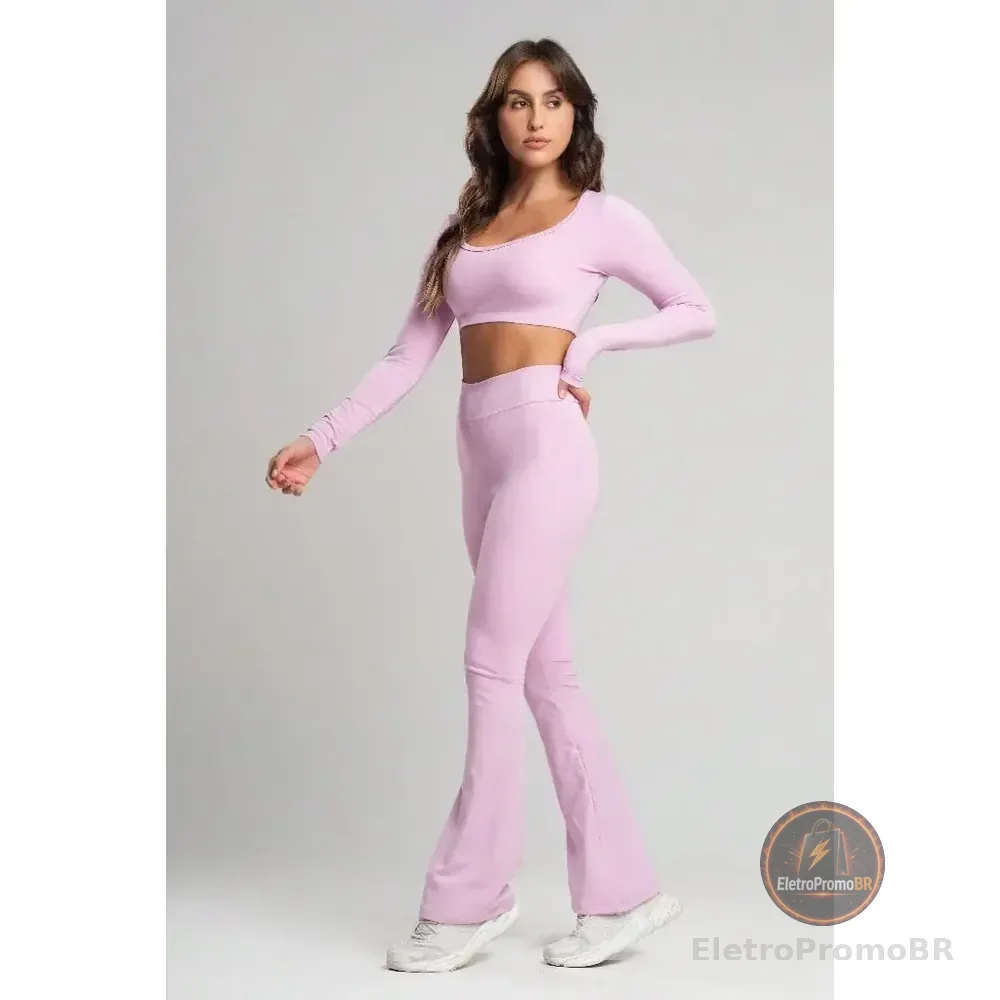 Conjunto Fitness Feminino Calça Flare E Top Manga Longa Fúcsia G