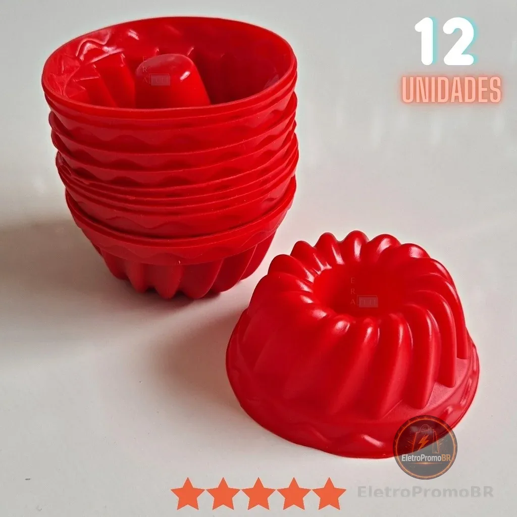 Kit 12 Forminhas 7x4.5x3.5 cm de Silicone Mini Pudim Bolo Forma Assadeira Redonda Antiaderente Torta Cupcake