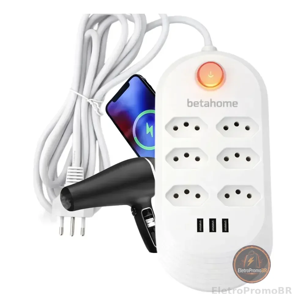 Extensão Elétrica 6 Tomadas Bivolt 3 Usb 2500w Régua Filtro De Linha 2 Metros Branco Cabo 2m 5 Mm Led Botão Power 10a 127/220v Energia Elétrico Padrão Brasileiro Profissional Protetor Gamer