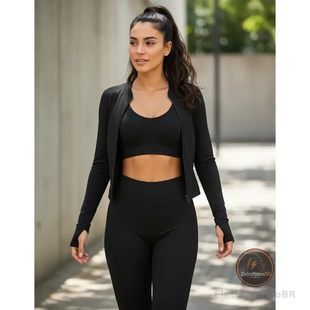 Conjunto Fitness 3 Peças Poliamida: Jaqueta+ Top+ Legging Preto P-m