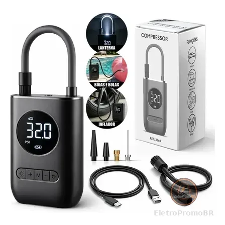 Compressor De Ar Digital Mini Portátil Recarregável Usb-c Para Pneus De Bicicleta Moto Carro Bolas Infláveis Preto 127/220v 60 Hz Monofásica