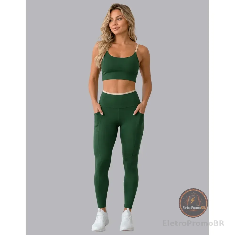 Conjunto Academia Top Calça Legging Fitness Roupa Kit Bolso Verde/areia Lisa P 36/38