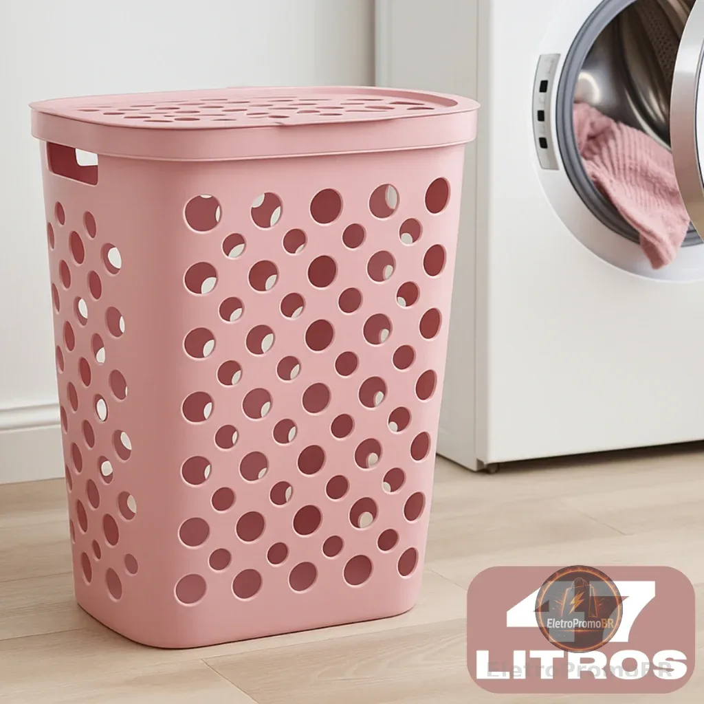 Cesto Telado 47 Litros com Tampa e Alça Cesto de Roupa Suja Banheiro Lavanderia
