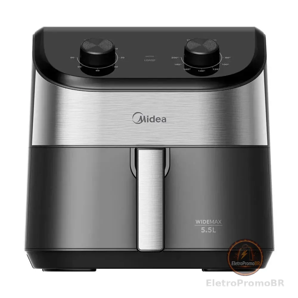 Fritadeira Midea Air Fryer 5,5L, design de dois botões, ampla faixa de temperatura de 80°C a 200°C, cesto antiaderente e prato para vegetais, 1900W, 110V, FWM55P1