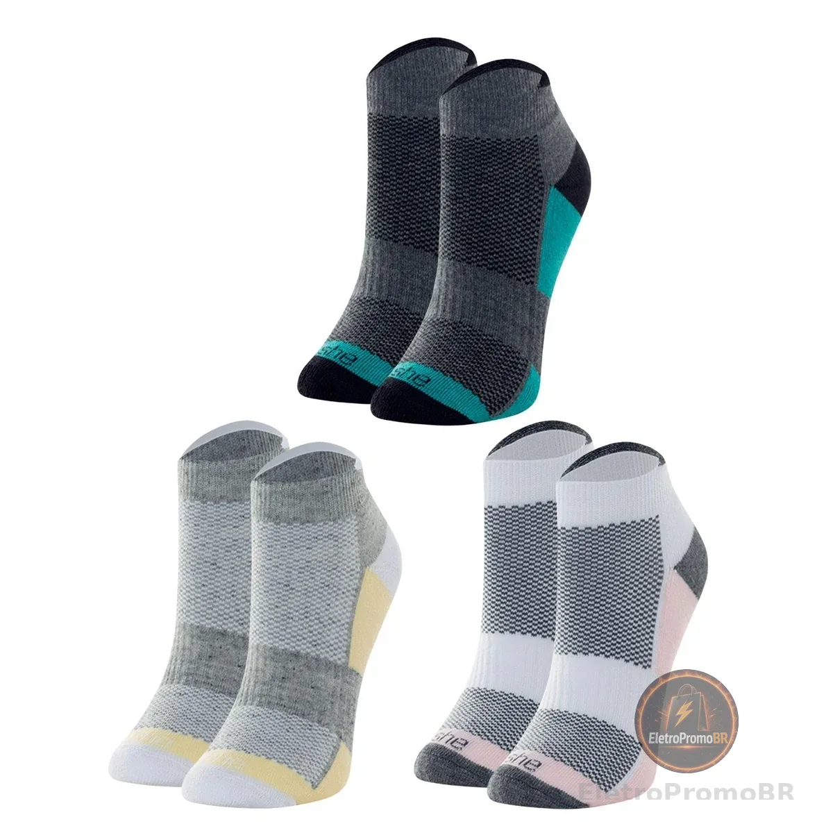 Kit 3 Pares Meia Esportiva Cano Curto Alta Performance Protetor de Calcanhar Feminina She