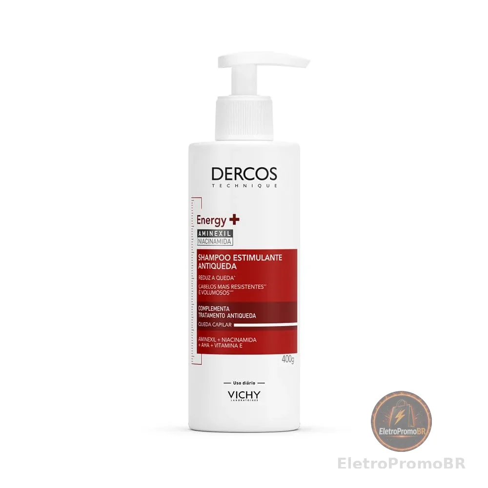 Vichy Dercos Energy+ Shampoo Antiqueda Estimulante com Aminexil 1.5%, Niacinamida e Vitamina E, +47% Fios Fortalecidos e +19% de Densidade Capilar, 400g