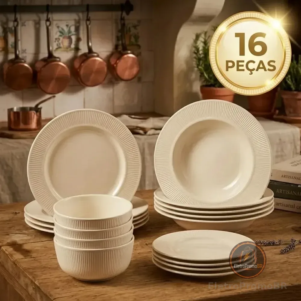 Aparelho De Jantar Kit 16 Peças Vidro Branco Jogo Pratos E Bowl Canelado Mesa Resistente Pítia