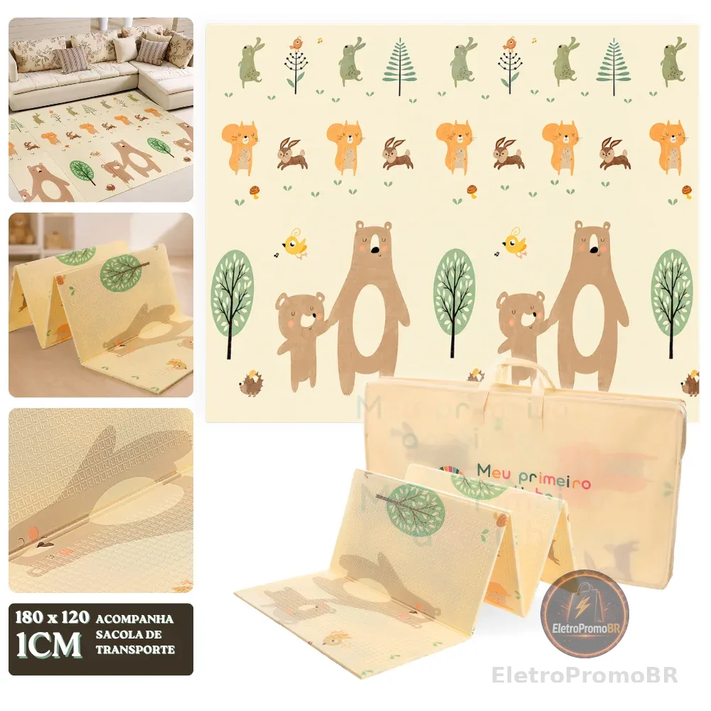 Tapete Infantil de Atividades 180 x 120 x 1cm Dupla Face Urso Tatame Térmico para Bebe Emborrachado