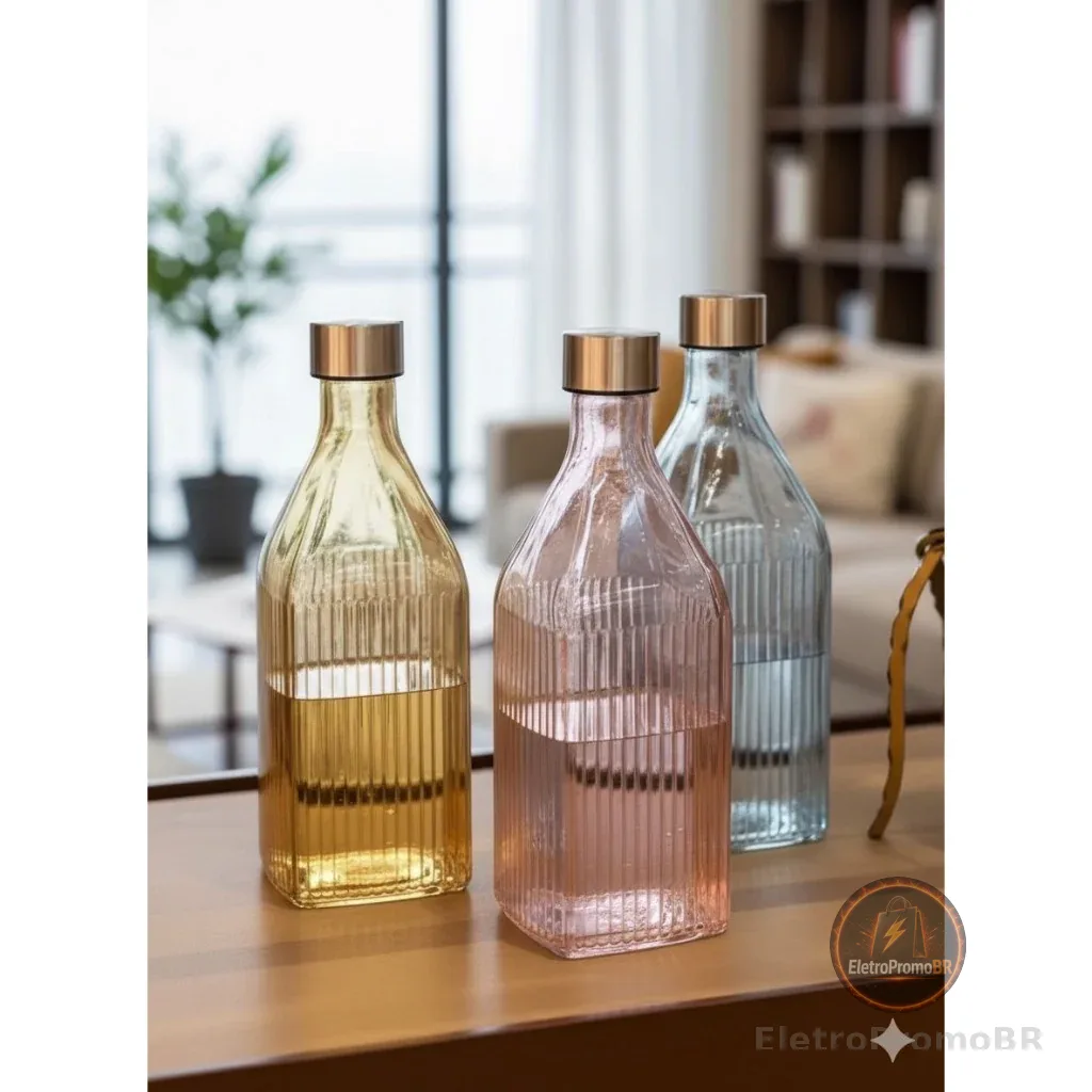 Garrafa De Vidro Scotch 1 Litro Quadrada Canelada Tampa Inox Água Suco Para Geladeira