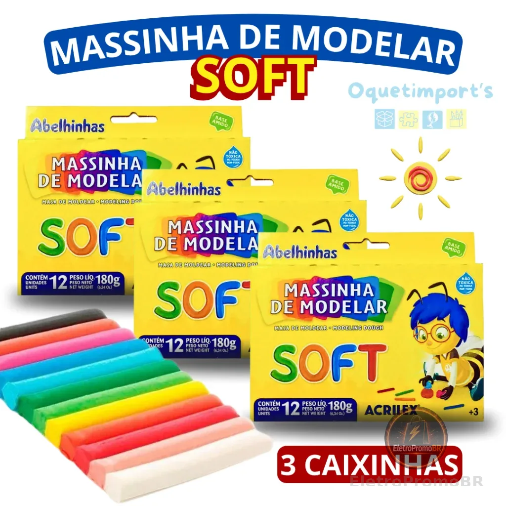 Kit 3 Caixas Massinha De Modelar Acrilex 12 Cores Cada Total 36 Massinhas Não Tóxica