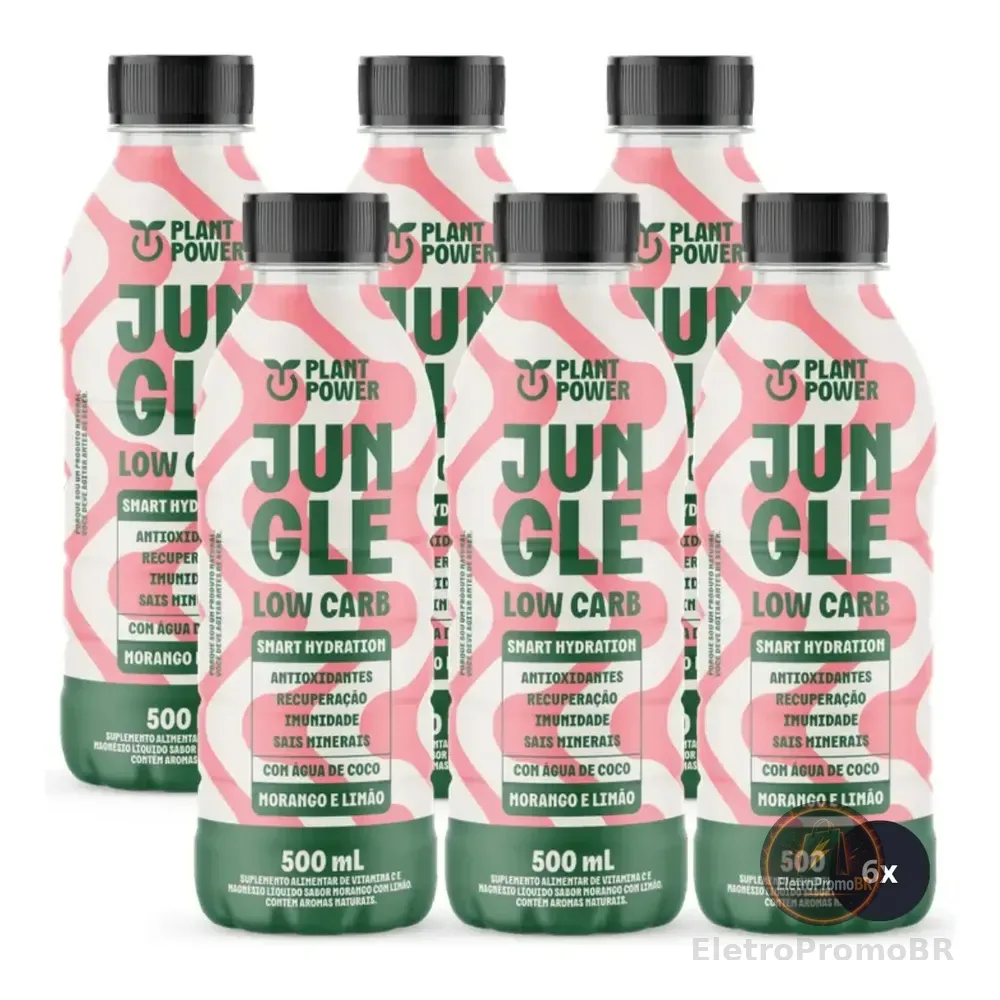 6x Isotônico Jungle Low Carb Plant Power Morango Limão 500ml
