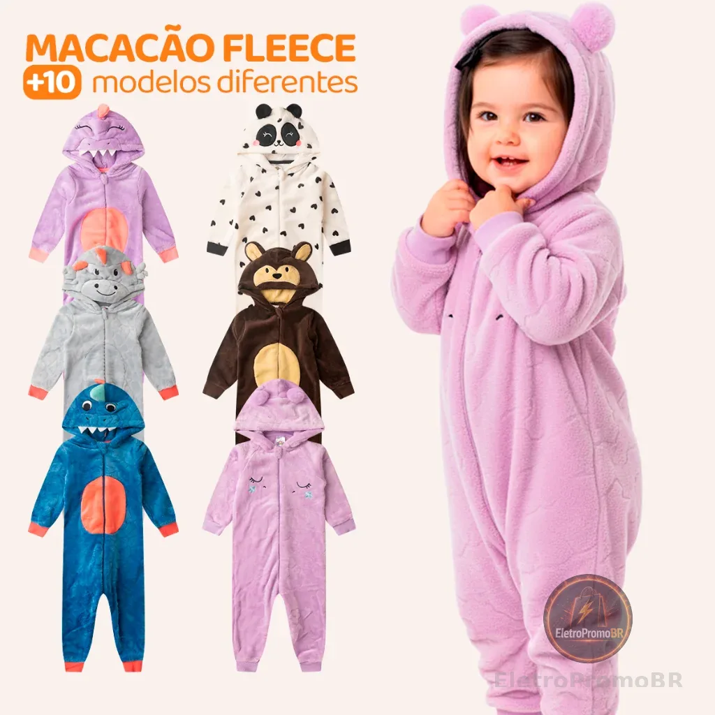 Pijama Macacão Bebê Menina em Fleece Temático Unicórnio ,Dinossauro, Panda, Urso – Super Quentinho e Confortável! L11