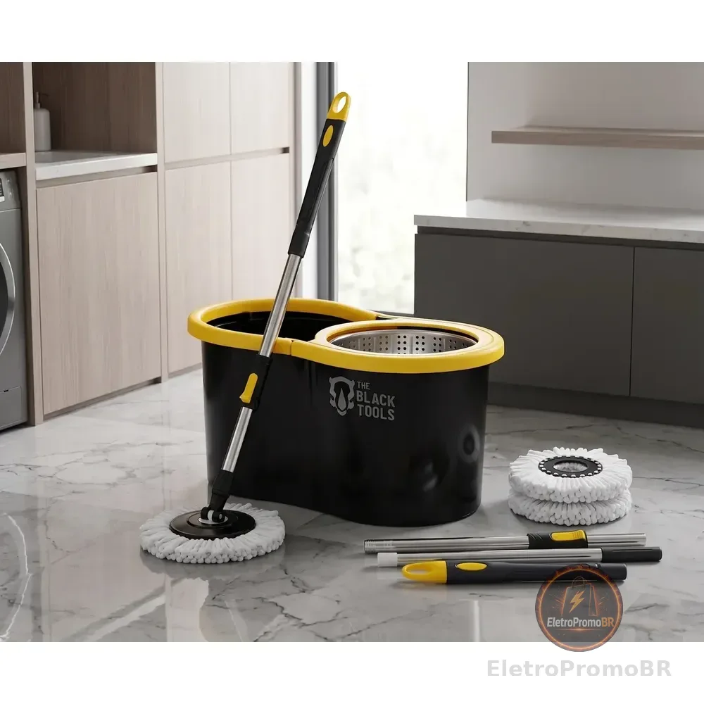 Mop Giratório 360° Balde Inox 8 Litros Centrífuga C/ 2 Refis Preto E Amarelo