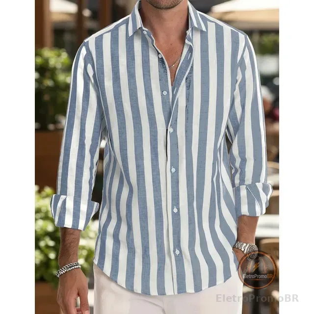 Camisa Masculina De Manga Comprida Com Botões E Listrada