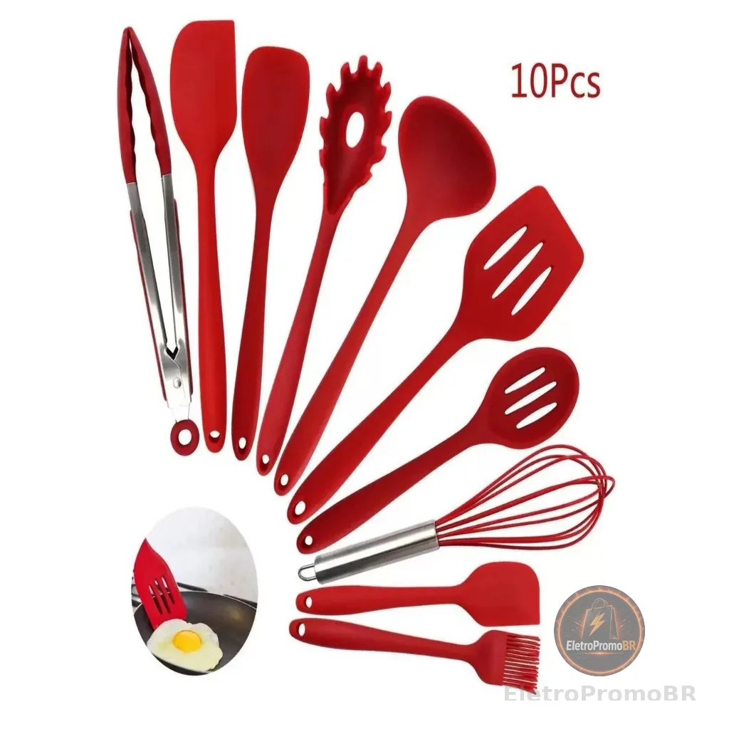 Kit 10 Peças Colheres De Silicone Cabo Inox Utensílios Cozinha