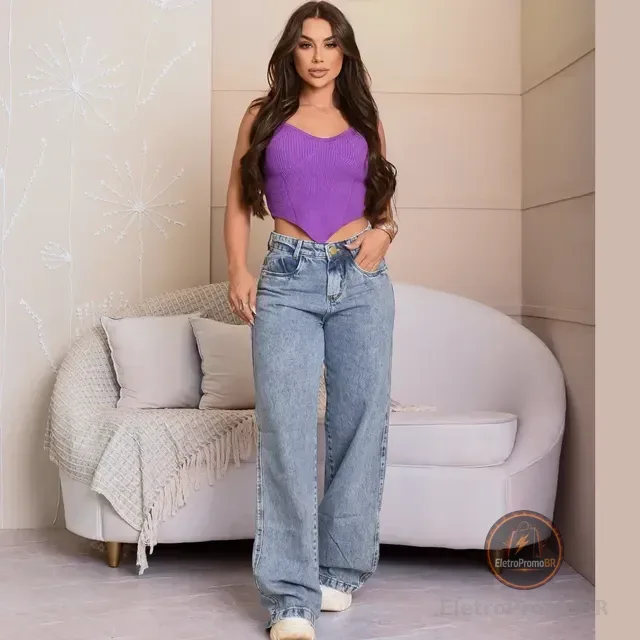 Calça Jeans Feminina Wide Leg 100% Algodão Pantalona Trend