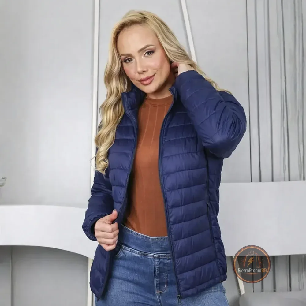 Jaqueta Feminina Nylon Forrada Pelúcida Impermeável Gola Azul Marinho Gola Curta G