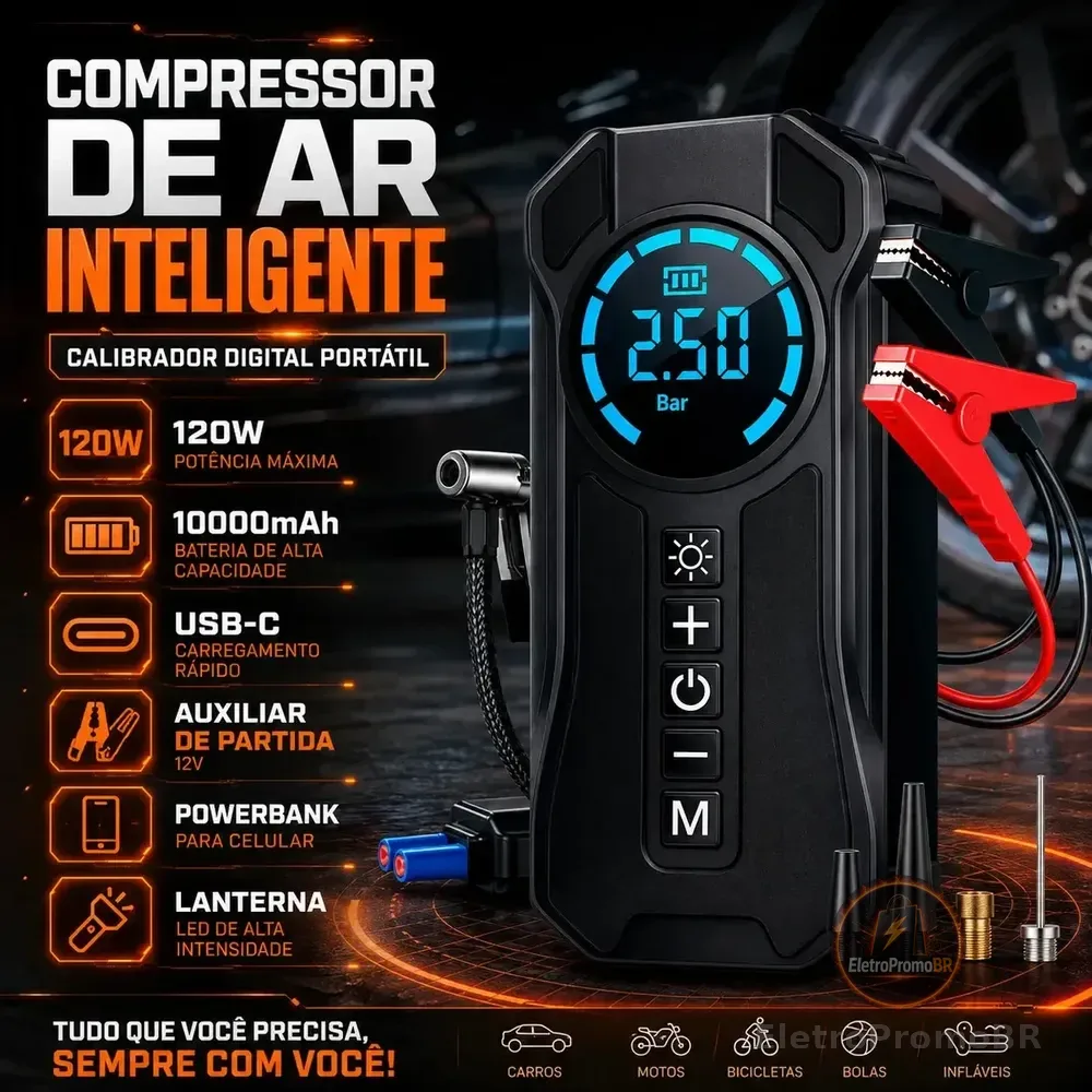 Compressor De Ar Compacto 150 Psi Para Pneus De Portátil Leves Air Pump Auxiliar De Partida Veículos E Powerbank Preto-2 127/220v 60 Hz Monofásica
