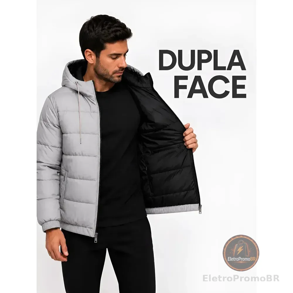 Jaqueta Puffer Masculina Térmica Com Capuz Forro Interno Cinza Dupla Face G Lisa