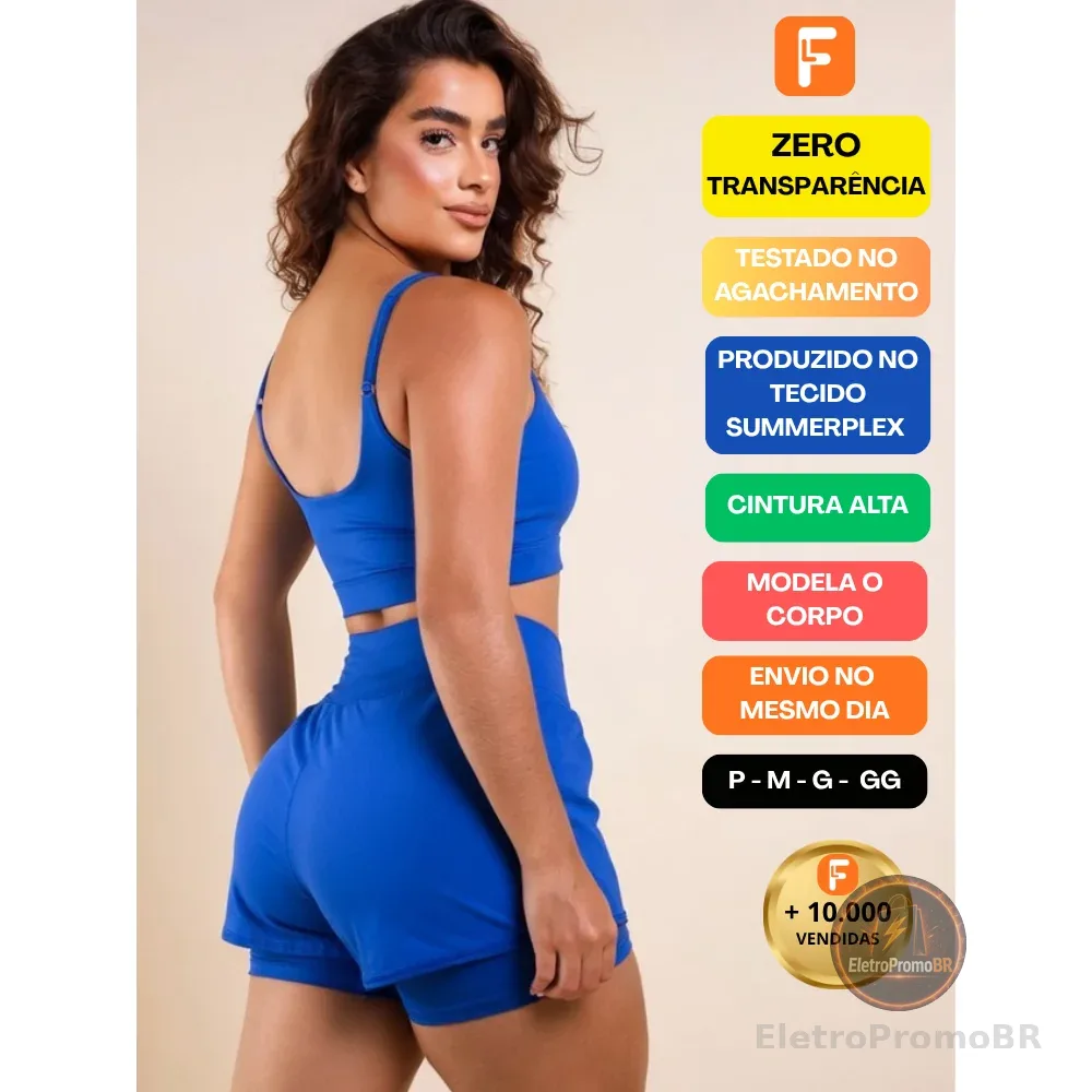 Conjunto Fitness Feminino Short Duplo e Top Zero Transparência Suplex meia coxa Academia dry fit