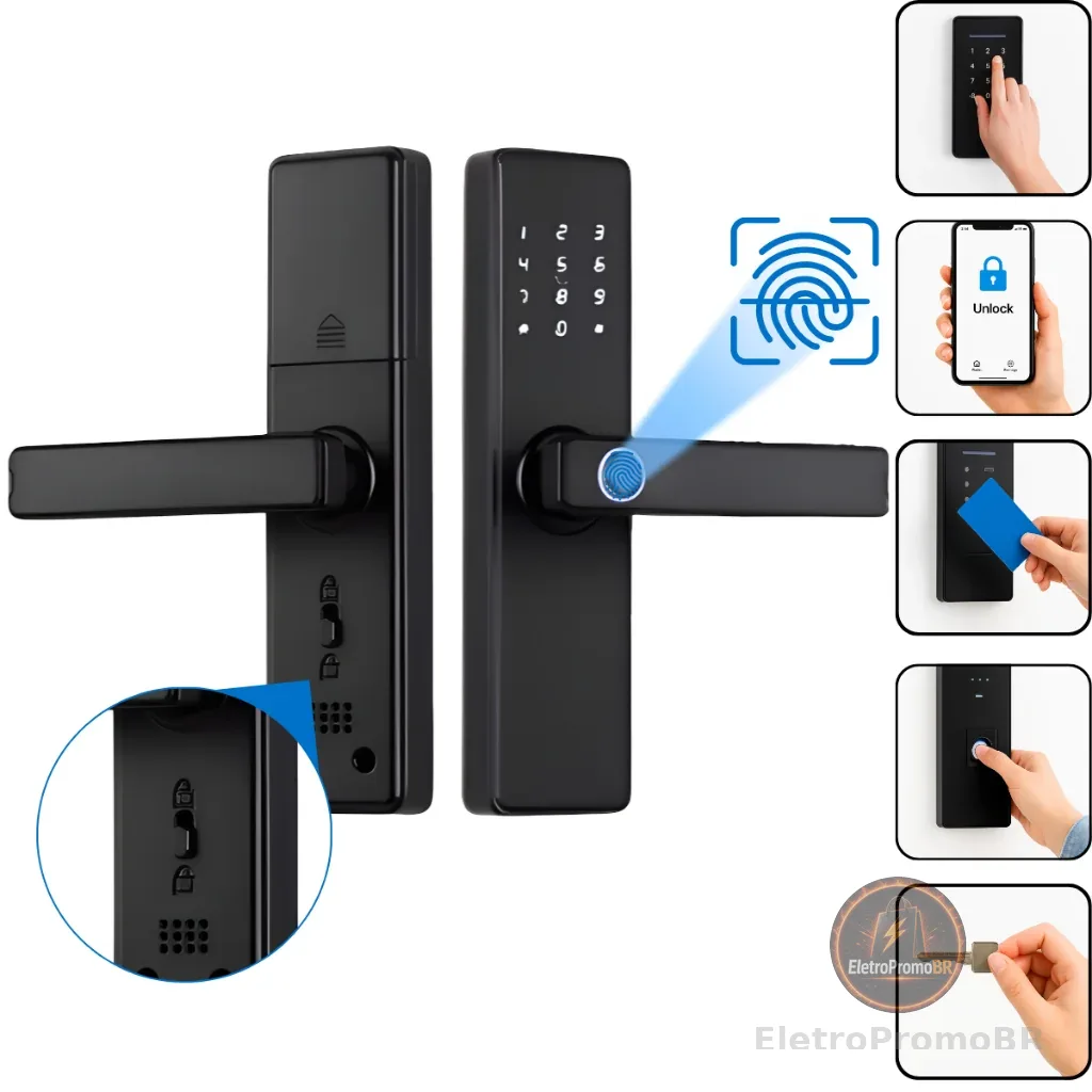 Fechadura Eletrônica Digital 5 em 1 Com Biometria, Bluetooth, Senha Touch, Chave e Tag