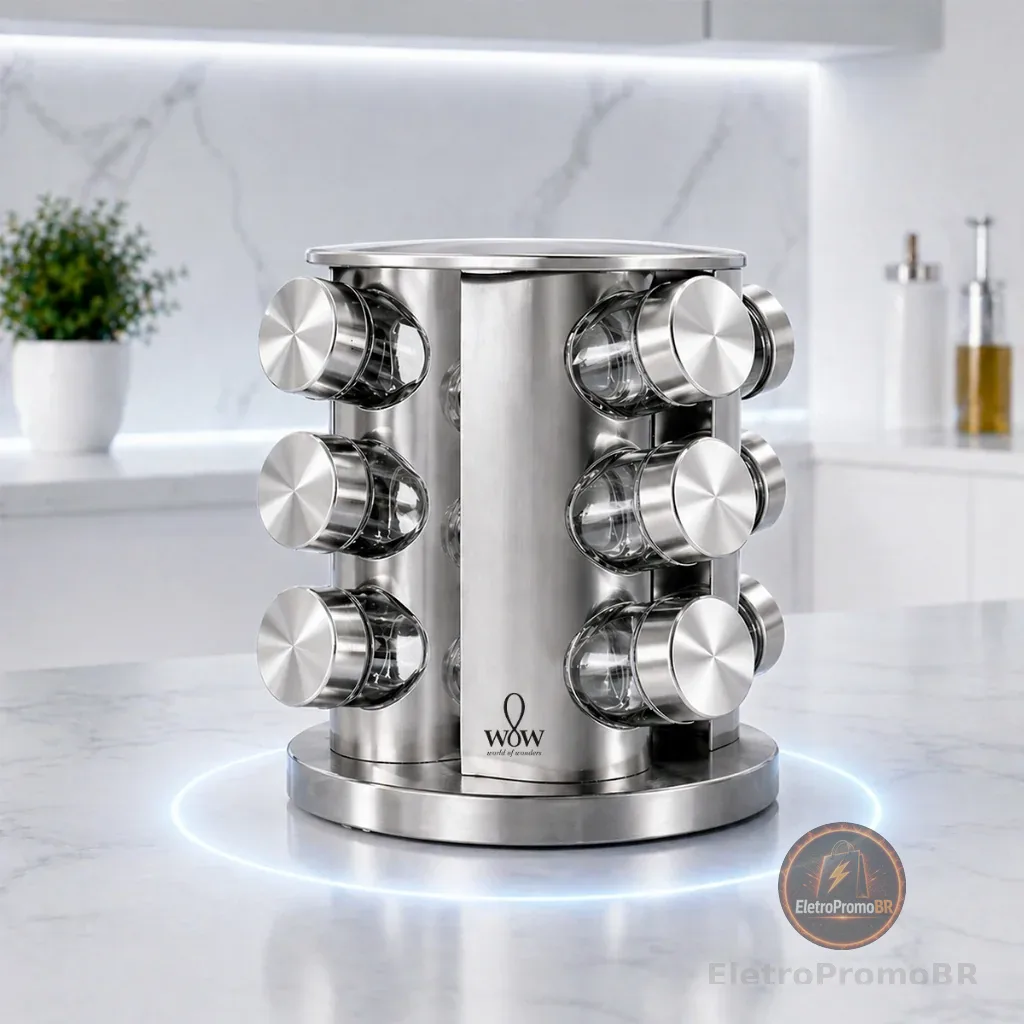 Porta Tempero Inox Giratório Vidro 12 Potes 360